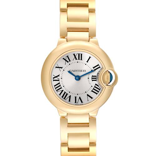 This is a head-on view of a Cartier Ballon Bleu W69001Z2 Women's Yellow Gold Silver Dial W69001Z2 Women's Yellow Gold Silver Dial watch, showing the face, Roman numerals, and part of the bracelet.