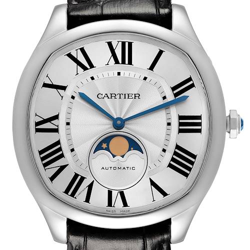 The Drive de Cartier watch is shown from a front angle, highlighting the dial, Roman numerals, and moon phase indicator.