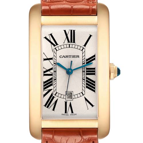 The Tank Américaine by Cartier is shown from the front, highlighting the dial, Roman numerals, hands, and crown.