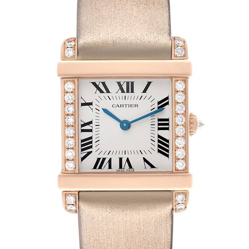 This Cartier Tank Louis WE300131 Women's Rose Gold Silver Dial watch is shown from the front, highlighting the dial, Roman numerals, diamond-set case, and strap.