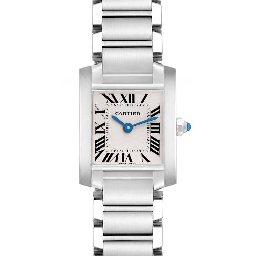 The Cartier Tank Francaise W51008Q3 Women's Stainless Steel Silver Dial watch is shown from a front angle, highlighting its face, bracelet, and signature blue hands.