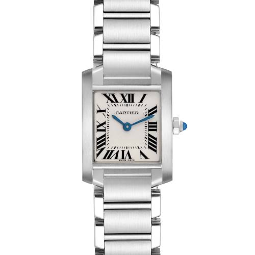 The Cartier Tank Française watch is shown from a front angle, displaying its face, dial, strap, and crown.