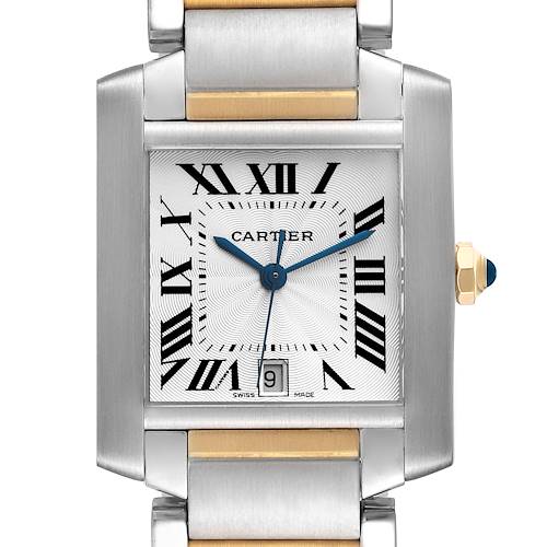 The image shows a front view of the Cartier Tank Francaise W51005Q4 Men's Stainless Steel Silver Dial W51005Q4 Men's Stainless Steel Silver Dial watch, highlighting its face, hands, Roman numerals, and part of its bracelet.