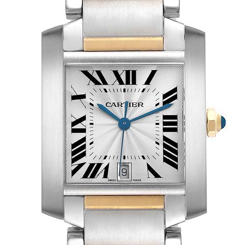 The image shows a frontal view of the Cartier Tank Française watch face, highlighting its Roman numerals and blue hands.