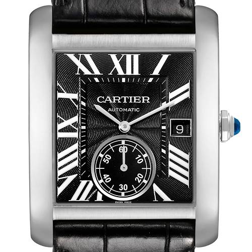 The watch, a Cartier Tank MC W5330004 Men's Stainless Steel Black Dial W5330004 Men's Stainless Steel Black Dial model, is shown from a front angle, displaying its dial, hands, date window, and leather strap.
