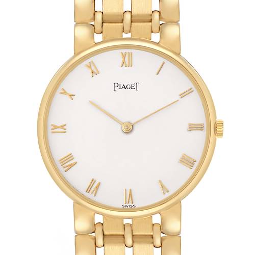 The Piaget 8065K43 Women's Yellow Gold White Dial 8065K43 watch is shown from the front, highlighting its white dial, gold case, and bracelet.