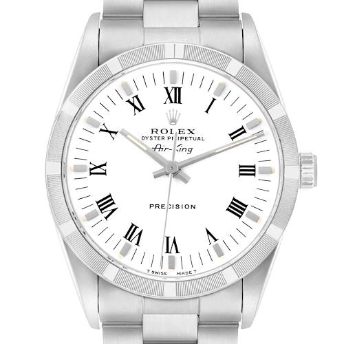 The Rolex Air-King 14010 Men's Stainless Steel White Dial watch is shown from a front angle, displaying the dial, hands, bezel, and part of the bracelet.