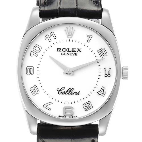The Rolex Cellini 4233 Men's White Gold White Dial watch is shown from a front angle, highlighting the face, crown, and part of the leather strap.