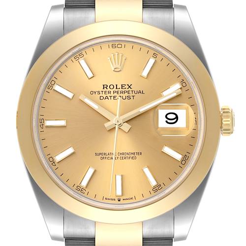 This is a frontal view of the Rolex Datejust 41 126303 Men's Steel and Gold (two tone) Champagne Dial 126303 Men's Steel and Gold (two tone) Champagne Dial watch, showing the dial, hands, bezel, and part of the bracelet.