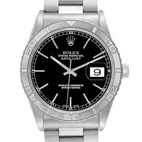 The image shows a front view of the Rolex Turn-o-Graph 16264 Men's Stainless Steel Black Dial 16264 Men's Stainless Steel Black Dial watch, displaying its dial, bezel, and part of the bracelet.