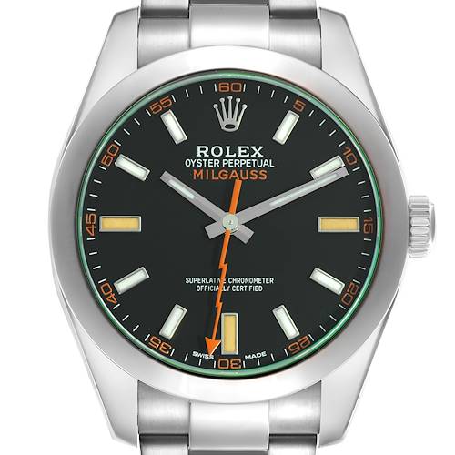 The Rolex Milgauss 116400GV Men's Stainless Steel Black Dial watch is shown from the front, highlighting the dial, hands, and part of the bracelet.