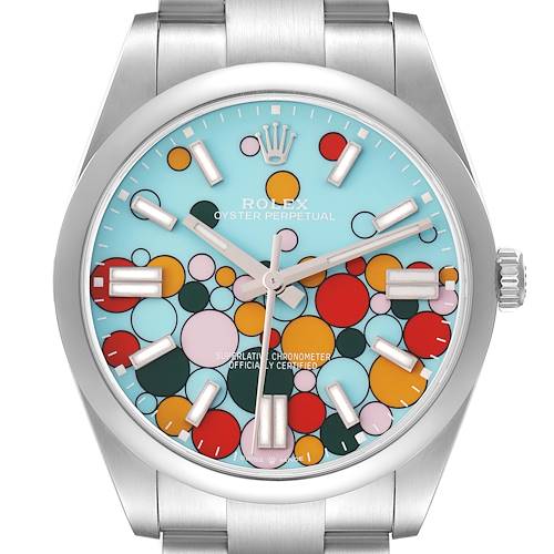 This image shows a front view of the Rolex Oyster Perpetual 124300 Men's Stainless Steel Blue Dial watch, highlighting its colorful dial and stainless steel bracelet.