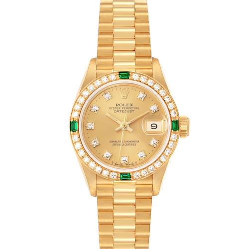 The Rolex President 69078 Women's Yellow Gold Champagne Dial model is shown from the front, displaying the dial, bezel, and bracelet with diamond and emerald accents.