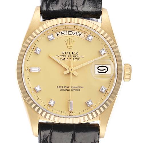 The image shows a frontal view of the Rolex President 18038 Men's Yellow Gold Champagne Dial watch, highlighting its dial and bezel.