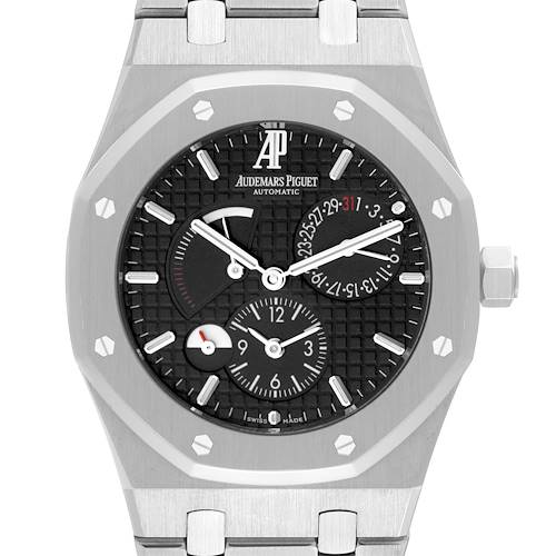 This image shows a front view of the dial and bezel of an Audemars Piguet Royal Oak 26120ST.OO.1220ST.03 Men's Stainless Steel Black Dial 26120ST.OO.1220ST.03 Men's Stainless Steel Black Dial watch, including the crown and part of the bracelet.