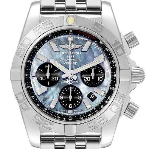 This image shows a front view of a Breitling Chronomat AB01114K/BD34 Men's Stainless Steel Mother of Pearl Dial AB01114K/BD34 Men's Stainless Steel Mother of Pearl Dial watch, emphasizing the dial, bezel, and chronograph subdials.