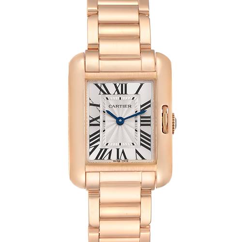 The image shows a Cartier Tank Anglaise W5310013 Women's Rose Gold Silver Dial W5310013 Women's Rose Gold Silver Dial watch from a head-on angle, highlighting the dial and bracelet.