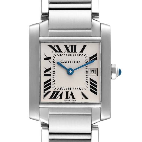 The image shows a frontal view of the Cartier Tank Francaise W51011Q3 Women's Stainless Steel Silver Dial W51011Q3 Women's Stainless Steel Silver Dial watch, highlighting its dial, hands, case, and bracelet.