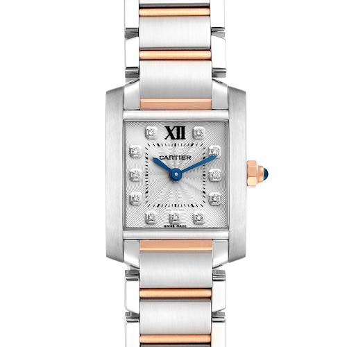 The image shows a frontal view of the Cartier Tank Francaise WE110004 Women's Steel and Gold (two tone) Silver Dial WE110004 Women's Steel and Gold (two tone) Silver Dial watch, displaying its face, bracelet, and crown.