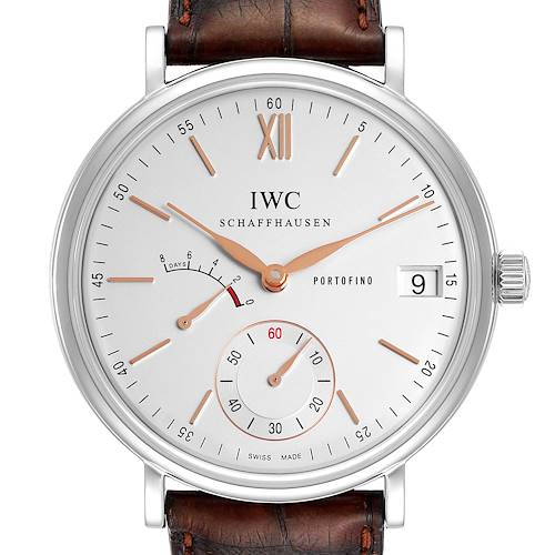 The image shows a front view of the IWC Portofino IW510103 Men's Stainless Steel Silver Dial IW510103 Men's Stainless Steel Silver Dial watch, displaying the dial, subdials, date window, and brown leather strap.