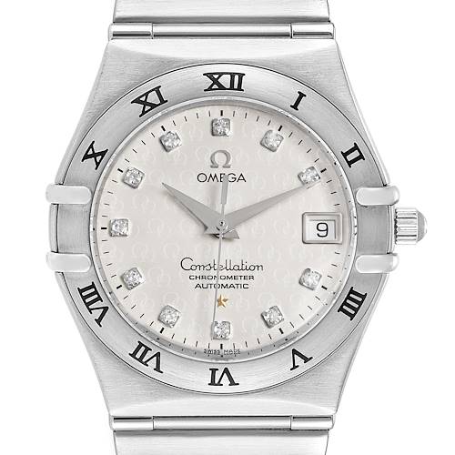 The image shows a front view of the Omega Constellation 1504.35.00 Men's Stainless Steel Silver Dial 1504.35.00 Men's Stainless Steel Silver Dial watch, displaying the dial, case, crown, and part of the bracelet.
