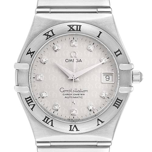 The image shows a front view of the Omega Constellation 1504.35.00 Men's Stainless Steel Silver Dial 1504.35.00 Men's Stainless Steel Silver Dial watch, highlighting its dial, bezel, and bracelet.