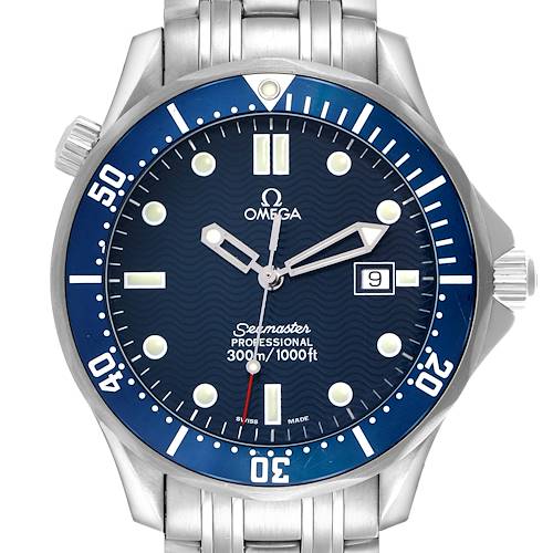 The Omega Seamaster 2541.80.00 Men's Stainless Steel Blue Dial watch is shown from the front, displaying the dial, bezel, and part of the bracelet.