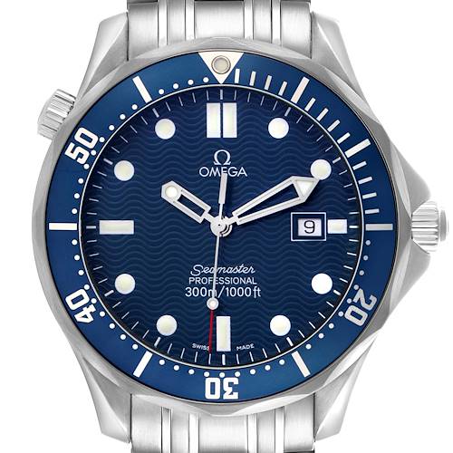 The Omega Seamaster 2541.80.00 Men's Stainless Steel Blue Dial watch is shown from the front, displaying the dial, bezel, and bracelet.