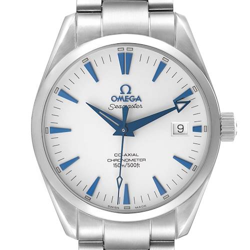 The Omega Seamaster 2503.33.00 Men's Stainless Steel White Dial watch is shown from the front, displaying the face, bezel, bracelet, and crown.