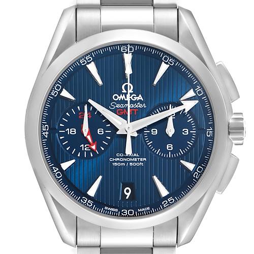 The Omega Seamaster 231.10.43.52.03.001 Men's Stainless Steel Blue Dial GMT watch is shown from a front angle, highlighting the face and dial details.