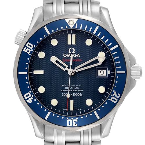 The Omega Seamaster 2220.80.00 Men's Stainless Steel Blue Dial watch is shown from the front, displaying its dial, bezel, and bracelet links.