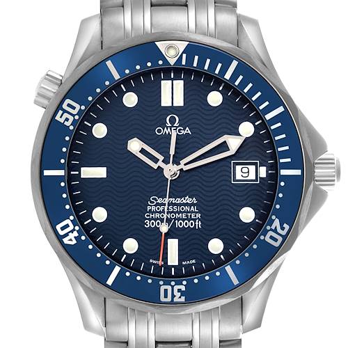 The Omega Seamaster 2531.80.00 Men's Stainless Steel Blue Dial watch is shown from the front, displaying the face, bezel, and part of the bracelet.