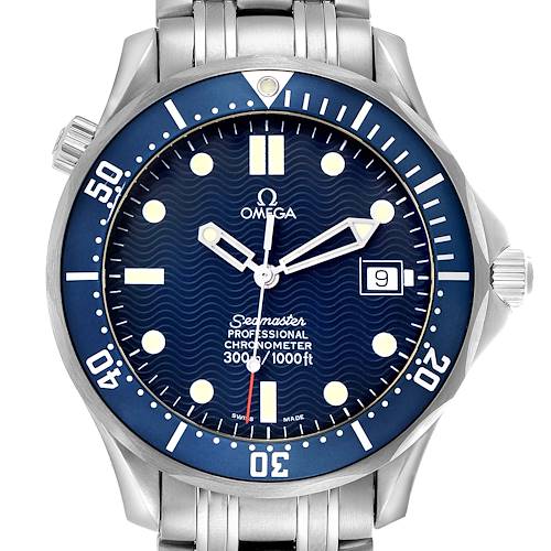The Omega Seamaster 2531.80.00 Men's Stainless Steel Blue Dial watch is shown from a front angle, highlighting the dial, bezel, hands, and bracelet.