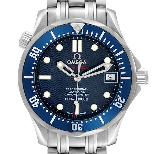 The Omega Seamaster 2222.80.00 Men's Stainless Steel Blue Dial watch is shown from the front, highlighting its dial, bezel, hands, and part of the bracelet.