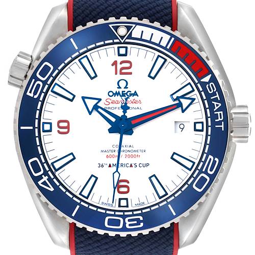 The Omega Planet Ocean 215.32.43.21.04.001 Men's Stainless Steel White Dial watch is shown from the front, featuring the dial, bezel, hands, crown, and part of the strap.