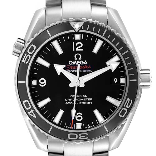 The Omega Planet Ocean 232.30.42.21.01.001 Men's Stainless Steel Black Dial watch is shown from a front angle, highlighting its black dial, bezel, and stainless steel bracelet.