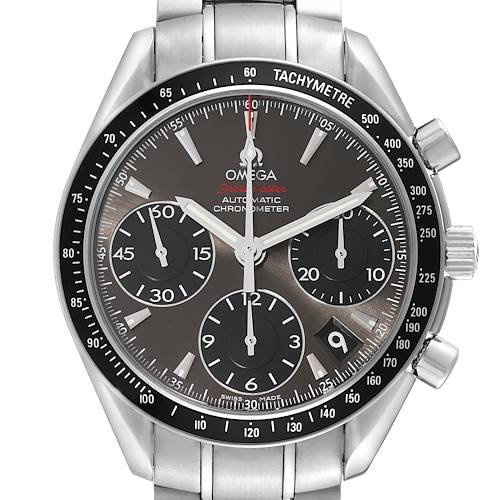 This image showcases a front view of the Omega Speedmaster 323.30.40.40.06.001 Men's Stainless Steel Grey Dial 323.30.40.40.06.001 Men's Stainless Steel Grey Dial watch, highlighting the dial, subdials, bezel, tachymetre, and part of the bracelet.