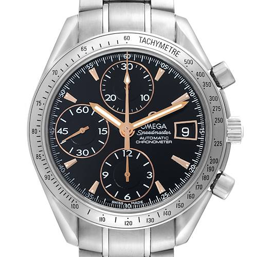 The image shows the front view of the Omega Speedmaster 3511.50.00 Men's Stainless Steel Black Dial 3511.50.00 Men's Stainless Steel Black Dial watch, including the dial, subdials, and tachymeter.