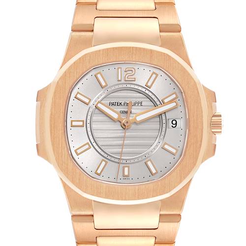 The image shows a front view of a Patek Philippe Nautilus 7011/1R-001 Women's Rose Gold Silver Dial 7011/1R-001 Women's Rose Gold Silver Dial watch, displaying its face, bezel, and bracelet.