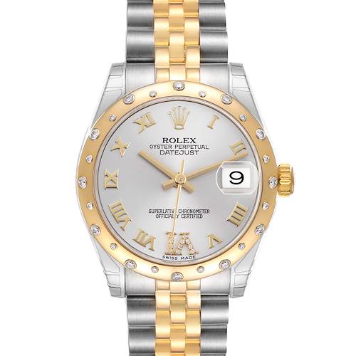 The Rolex Datejust 178343 Men's Steel and Gold (two tone) Silver Dial watch is shown from a straight-on angle, highlighting the bezel, dial, and part of the bracelet.