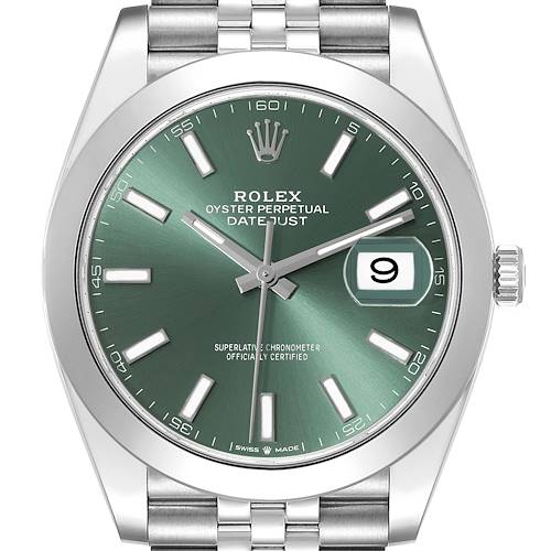 This image shows a front view of a Rolex Datejust 41 126300 Men's Stainless Steel Green Dial 126300 Men's Stainless Steel Green Dial watch, highlighting the green dial, date window, and stainless steel bracelet.