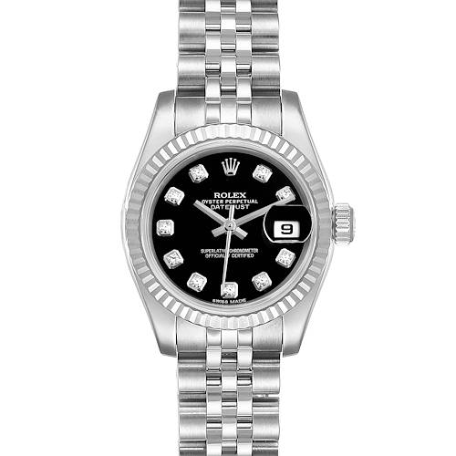 The image shows a frontal view of a Rolex Datejust 179174  Women's Stainless Steel Black Dial 179174  Women's Stainless Steel Black Dial watch with a black dial, diamond markers, and a metal bracelet.