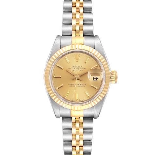 This image shows a Rolex Datejust 69173 Women's Steel and Gold (two tone) Champagne Dial 69173 Women's Steel and Gold (two tone) Champagne Dial watch viewed from the front, displaying the gold dial, fluted bezel, and two-tone bracelet.