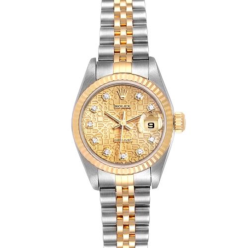 This image shows a Rolex Datejust 79173 Women's Steel and Gold (two tone) Champagne Dial 79173 Women's Steel and Gold (two tone) Champagne Dial watch from the front, displaying the dial, hands, date window, and part of the bracelet.