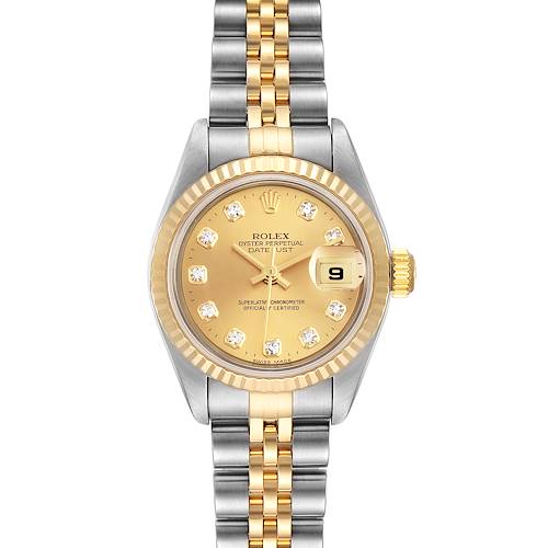 This image shows the front view of a Rolex Datejust 79173  Women's Steel and Gold (two tone) Champagne Dial 79173  Women's Steel and Gold (two tone) Champagne Dial watch, highlighting its dial, bracelet, and date window.