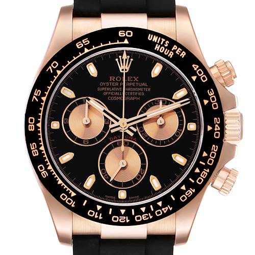 The image shows a Rolex Daytona 116515 Men's Rose Gold Black Dial watch front view, highlighting the dial, subdials, bezel, crown, and strap.