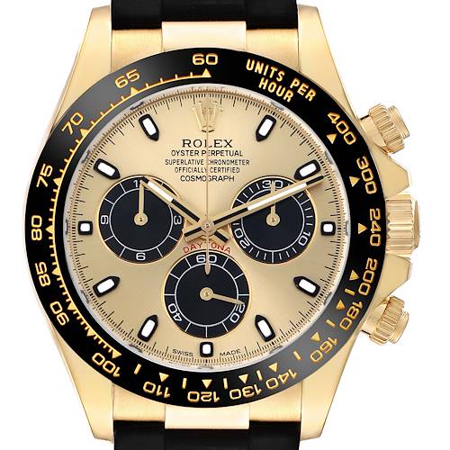 The Rolex Daytona 116518 Men's Yellow Gold Champagne Dial watch is shown from the front, highlighting the face, bezel, and side buttons.