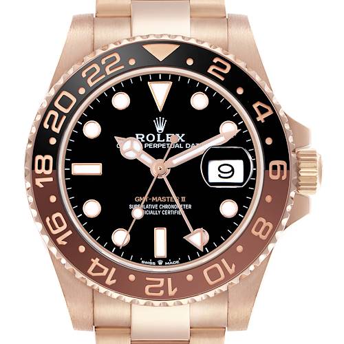 The Rolex GMT-Master 126715 Men's Rose Gold Black Dial watch is shown from the front, highlighting the dial, bezel, hands, and date window.