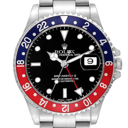 This image shows a front angle of a Rolex GMT-Master 16710 Men's Stainless Steel Black Dial 16710 Men's Stainless Steel Black Dial II watch, highlighting the dial, bezel, and part of the bracelet.