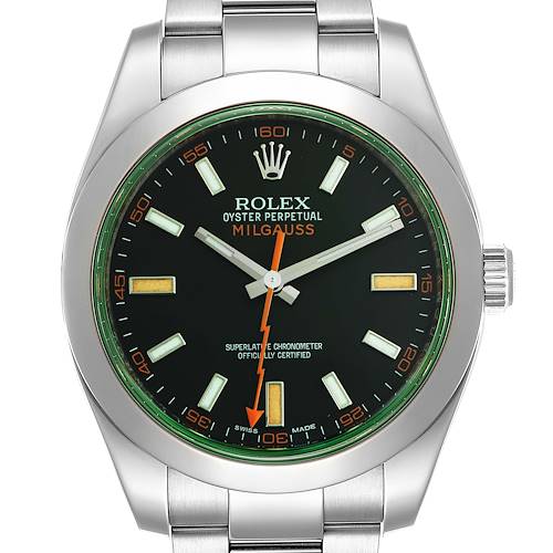 The image shows the front view of the Rolex Milgauss 116400GV Men's Stainless Steel Black Dial 116400GV Men's Stainless Steel Black Dial watch, highlighting the dial, hands, and bezel.